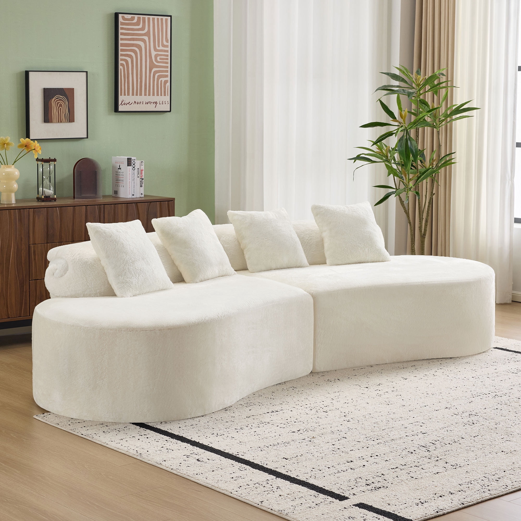 Modular Sofa, White Curved Plush Sectional with Foam Spring Support, 111-Inch Multi-Seat Sleeper for Living Room and Small Spaces
