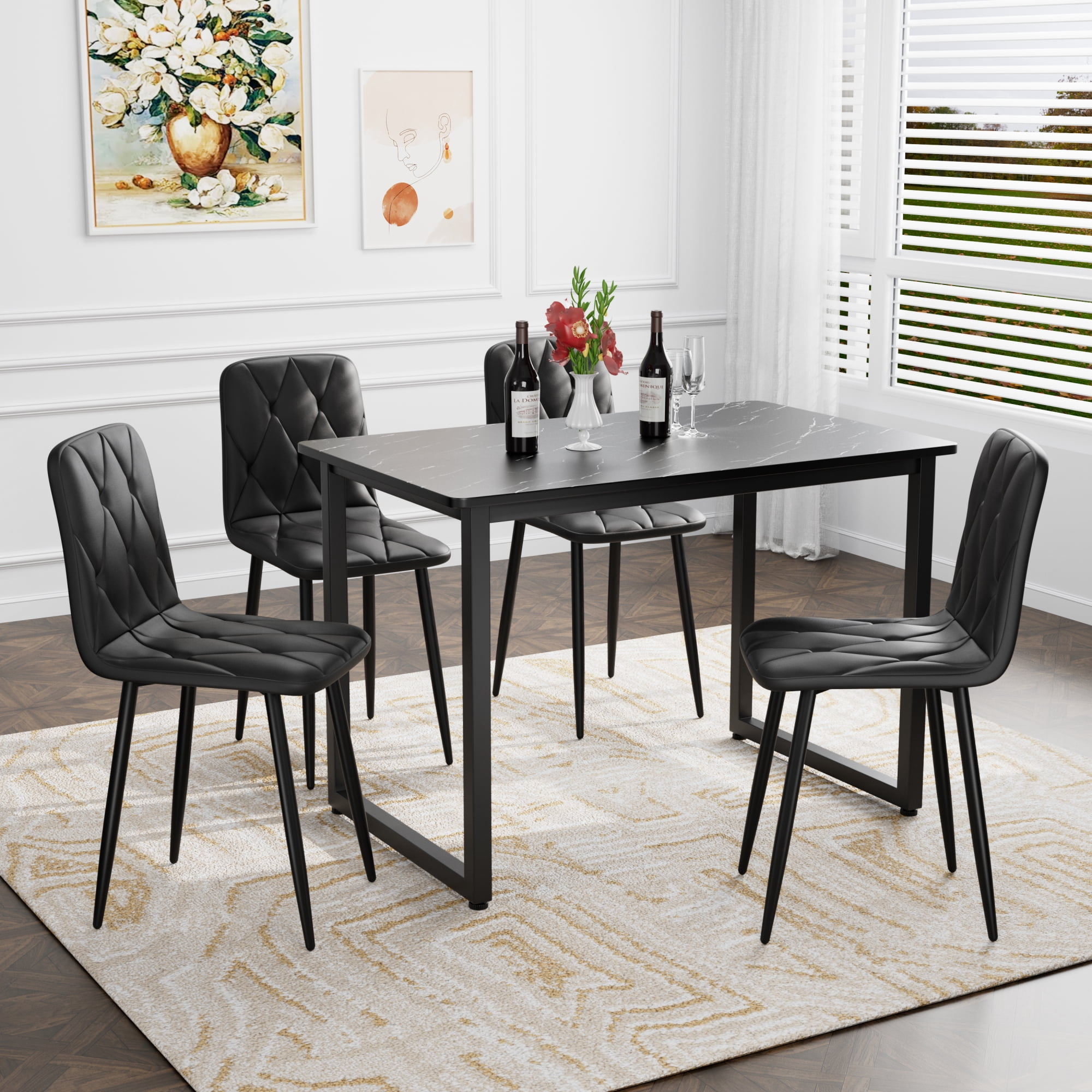 Dining Chairs Set of 4,Kitchen & Dining Room Upholstered Chairs with Metal Legs,Black+PU