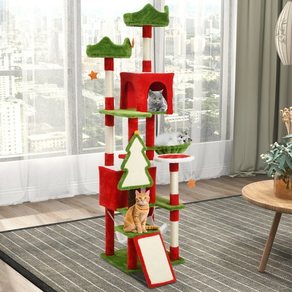 Dextrus 75" Cat Tree Tower Condo,Multi-Level Christmas Decor Cat Climbing Tower with Top Perches, Hammock, Scratching Posts,for Indoor Kittens' Play Center ,Chrismas Decor