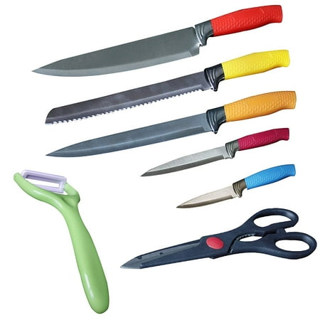 7 PCS Colorful Stainless Steel Kitchen Knife Set Colored Sharp Lightweight Cooking Cutting Chief Bread Slicer Utility Paring Culinary Knives Scissors Peeler Cookware Kitchenware