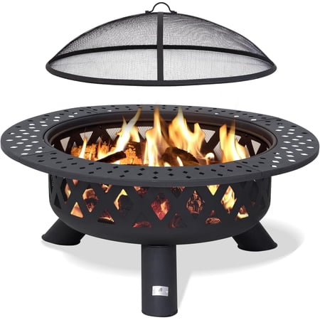 SUNCREAT 42" Large Outside Fire Pit, Round Fire Pit Wood Burning with Widened Tabletop, Spark Screen, Fire Poker, Phombus Pattern