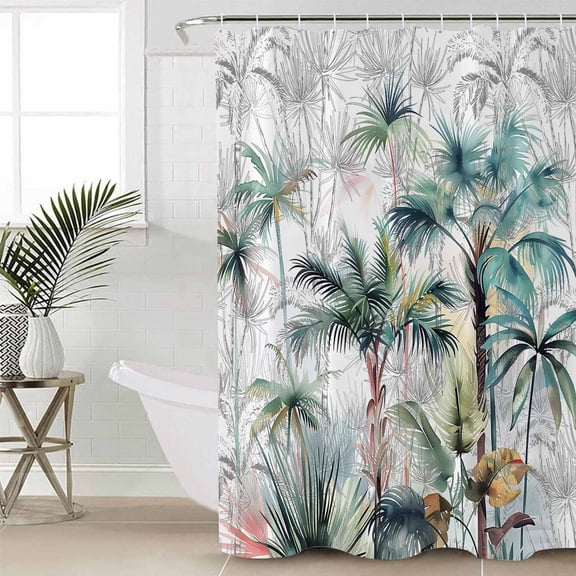 Summer Palm Trees Waterproof Fabric Shower Curtain, Botanical Tropical Leaves Shower Curtain for Bathroom Curtains Bathtubs Hotel Washable Shower Curtains with 12 Hooks Small 36x78in