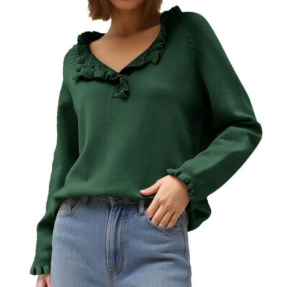 RMGVDSD Autumn Winter Women's Sweaters Knitting Casual Long Sleeve Button Ruffle Pullover Sweater Solid Color Classic Casual Fall Sweaters /Green