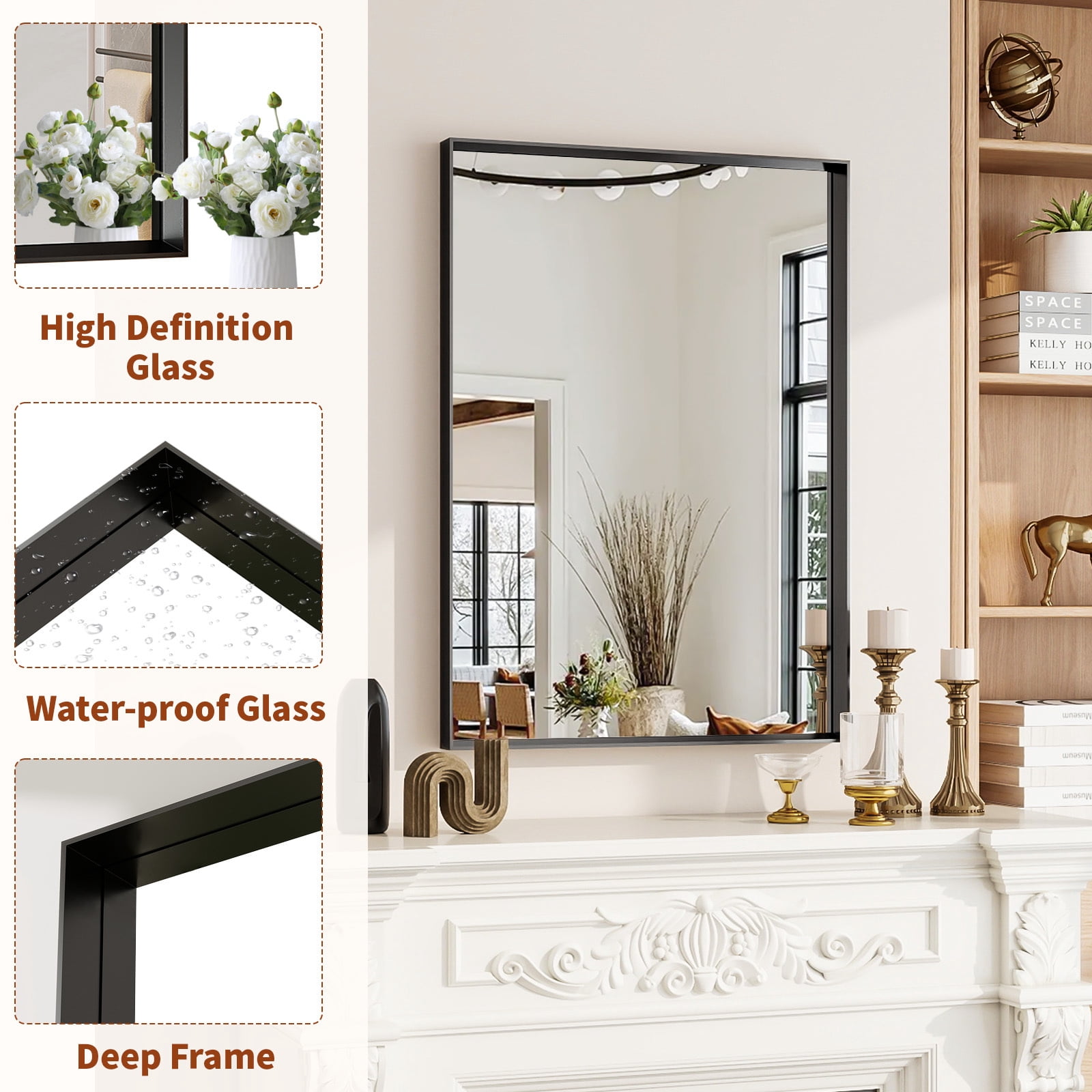 Easy4Home 36"x 24" Rectangular Bathroom Vanity Mirror with Deep Frame Wall Mirror, Black