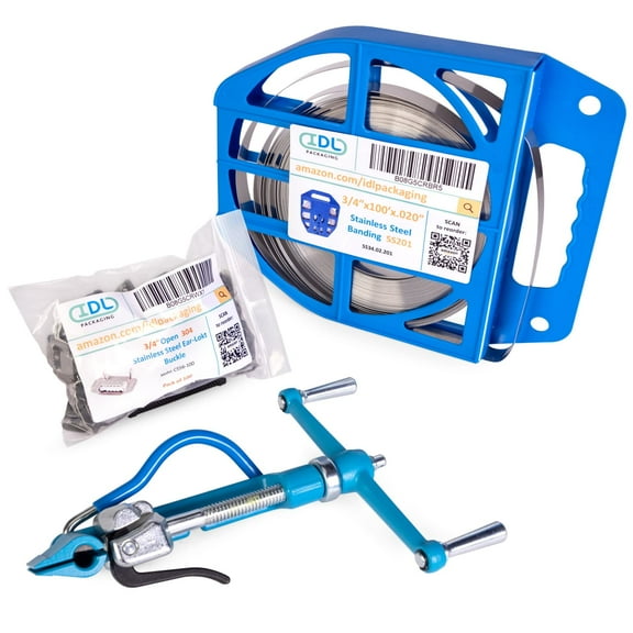 IDL Packaging 3/4" Stainless Steel 201 Banding Kit – Heavy-Duty Banding Tool   3/4" x 0.02" x 100' Stainless Steel 201 Banding Coil   100 Stainless Steel Ear-Lokt Buckles