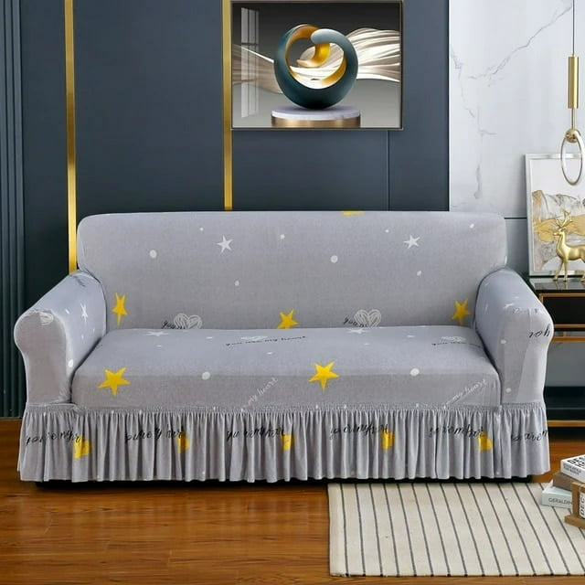 Elastic Stretchable Sofa Cover with Skirt Washable Furniture Protector Printed Slipcovers with Elastic Bottom for Living Room