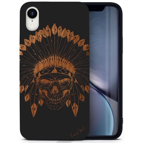 Wood phone case for iPhone XR compatible protective cell phone cover shockproof slim fit laser engraved Skull Feather design Black wood case for Men & Women by CaseYard