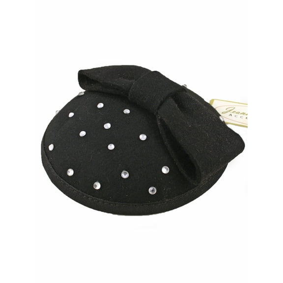 Black Pillbox Fascinator Hat w Bow & Rhinestones - Retro Cocktail Style