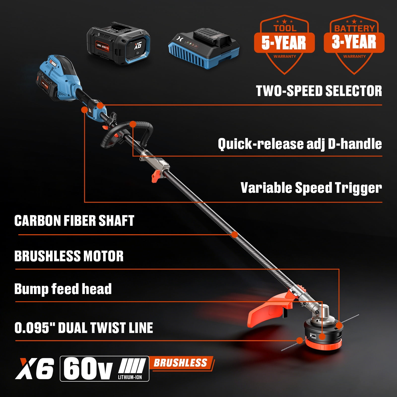 SENIX 60V Cordless Brushless Powerhead with 16" String Trimmer Attachment, 2-Speed Digital Control, Adjustable Handle, 3.0Ah Battery & Charger Included, GTX6-M1