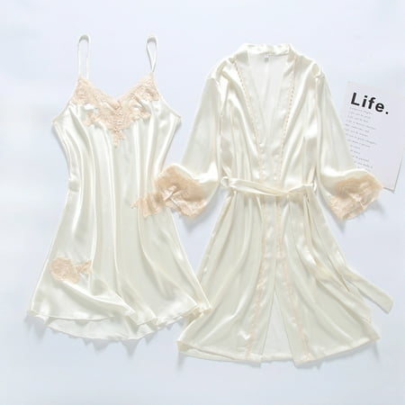 

2023 new pajamas female spring and summer ice silk long-sleeved hanging nightgown set spring and autumn bridal morning gown home clothes