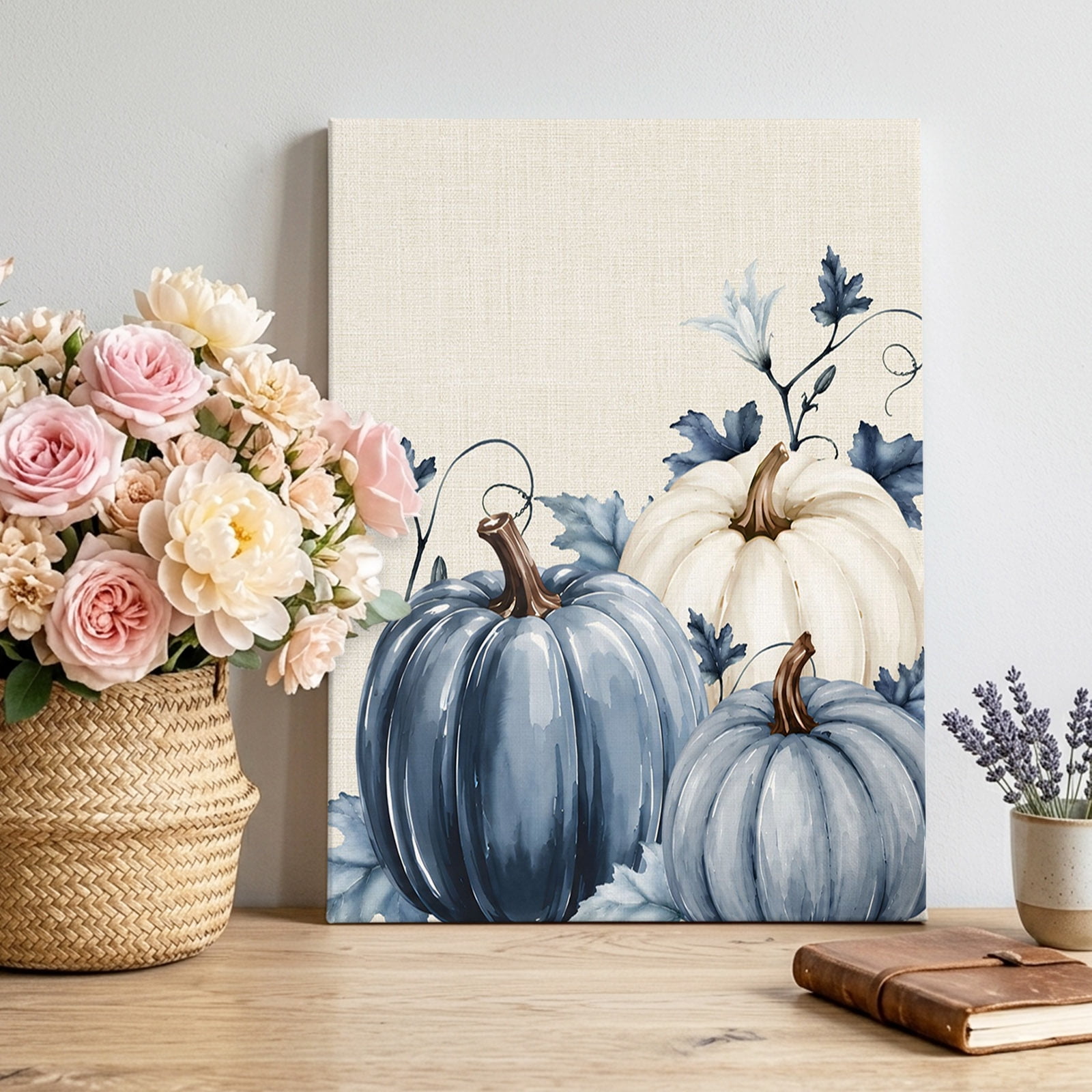 Canvas Wall Art Navy Blue Pumpkin Fall Framed Canvas Prints for Living Room Bedroom Thanksgiving Botanical Rustic Vintage Large Gallery Wrapped Wall Decor for Home Office Gifts 16 x20