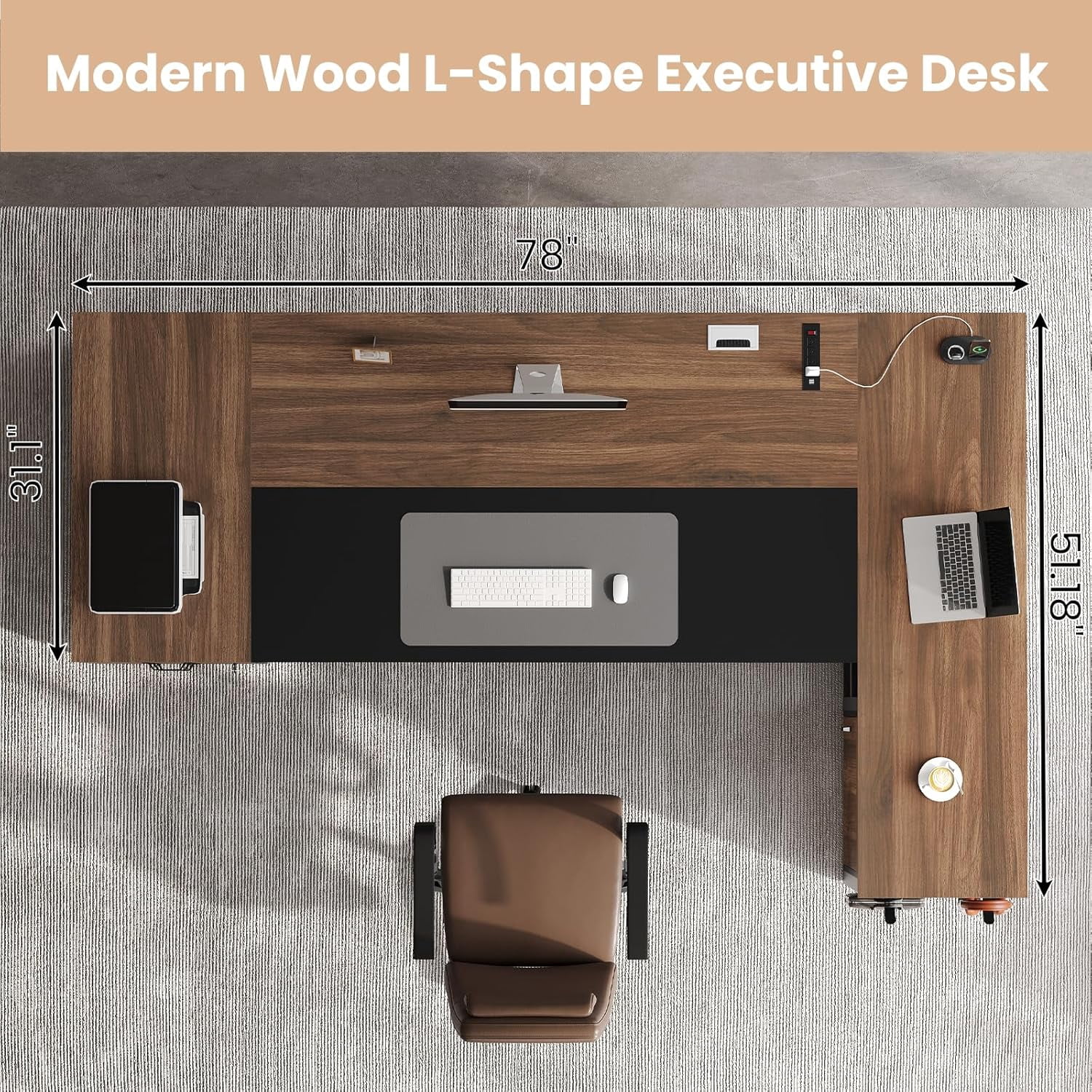 78" Executive Desk with Lockable File Cabinet, L Shaped Executive Desk with Power Outlets, Reversible Computer Desk with Drawers, Storage Shelves and Privacy Screen, Walnut