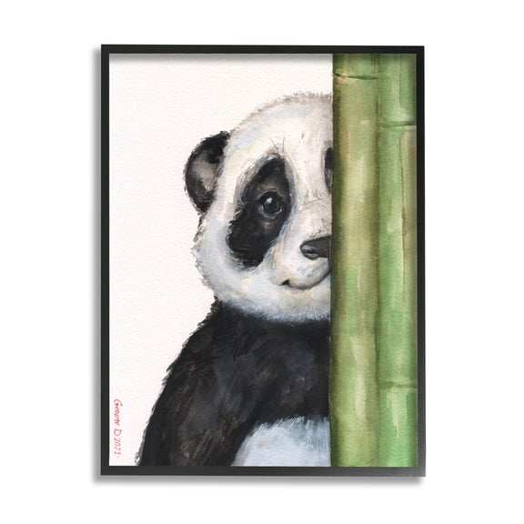 Stupell Industries Panda Bear Peering Around Bamboo Smiling Animal Painting Black Framed Art Print Wall Art, Design by George Dyachenko