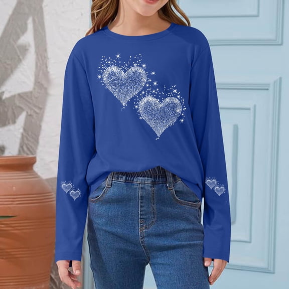 hengsof Girls Medium-Large Long-Sleeved Printed Bottoming Tops Fashionable Love Pattern Shirts Cute Casual Tops 2-14 Years