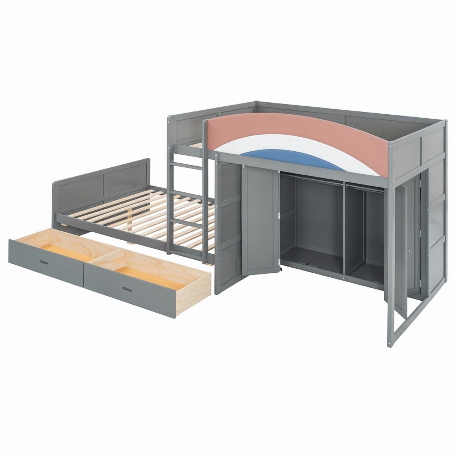 Full-Over-Full Size Offset Bunk Bed with Wardrobe & Built-in Hanging Rod, Storage Kids Bed Frame with 2 Drawers & Guardrail