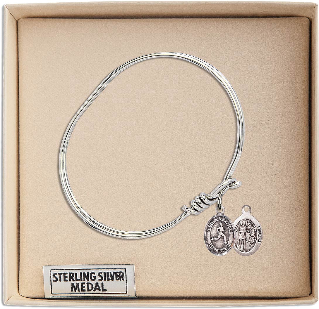 5 3/4 inch Oval Eye Hook Bangle Bracelet w/ St. Sebastian/Track & Field in Sterling Silver