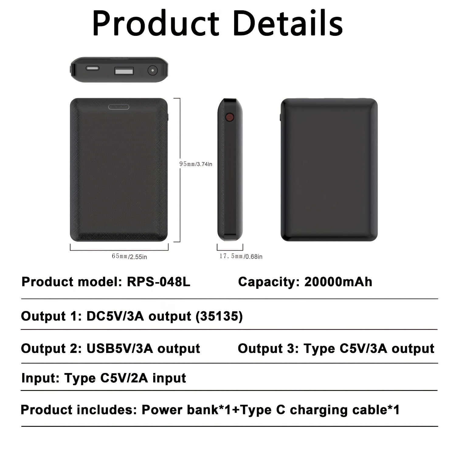 20000mAh Power Bank DC5V 3A | Portable Charger External Battery Pack for Heating Vest Jacket Scarf Gloves Electric Heating Equipment, Rechargeable Lithium Polymer Battery, USB Type-C, Brand: General