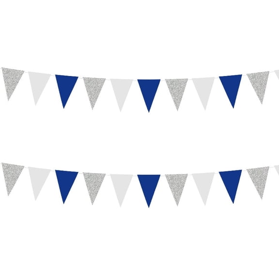 23Ft 2Pcs Royal Blue Silver White Metallic Glitter Paper Triangle Banner Flag Garland Pennant Bunting for Graduation Birthday Wedding Bridal Shower Pirate Theme Party Nursery Decorations Supplies