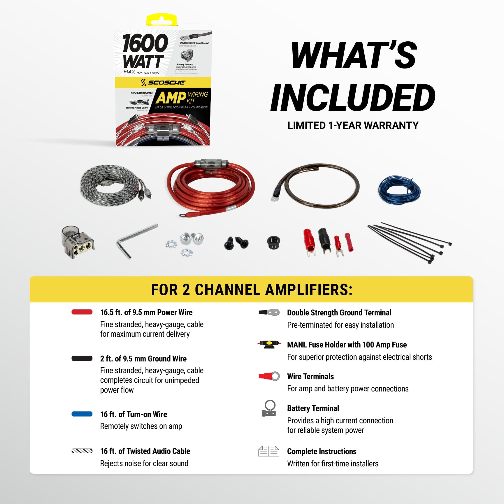 Scosche KPA5CC-WM1SD 1600-Watt Hybrid OFC/CCA Amplifier Install Wiring Kit with Twisted Pair Audio Cables