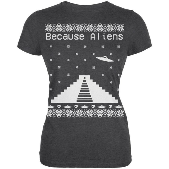 Because Aliens Pyramid Christmas Sweater Dark Heather Juniors Soft T-Shirt - Small
