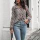 thumbnail image 4 of Blusa Cuello en V Cordón Puff Manga larga Estampado a rayas Tops casuales de moda para mujer Rayas marrones XL, 4 of 7