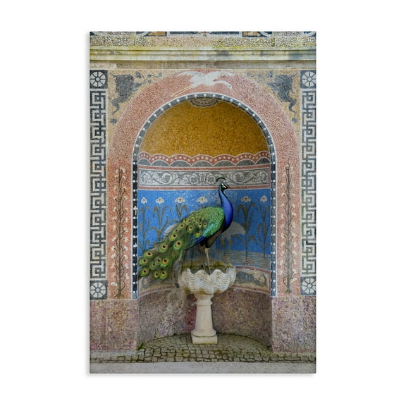 Stupell Industries Peacock with Traditional Architecture Novelty Painting Gallery Wrapped Canvas Art Print Wall Art, 16 x 24