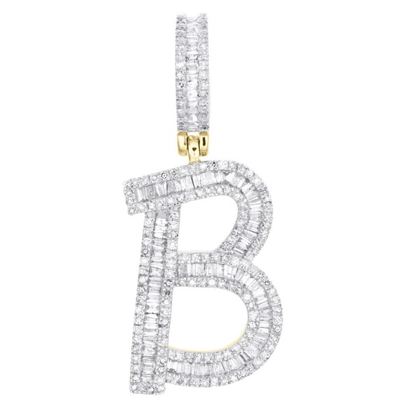 10K Yellow Gold Baguette Diamond Script Initial B Pendant 1.5" Letter Charm 1 CT