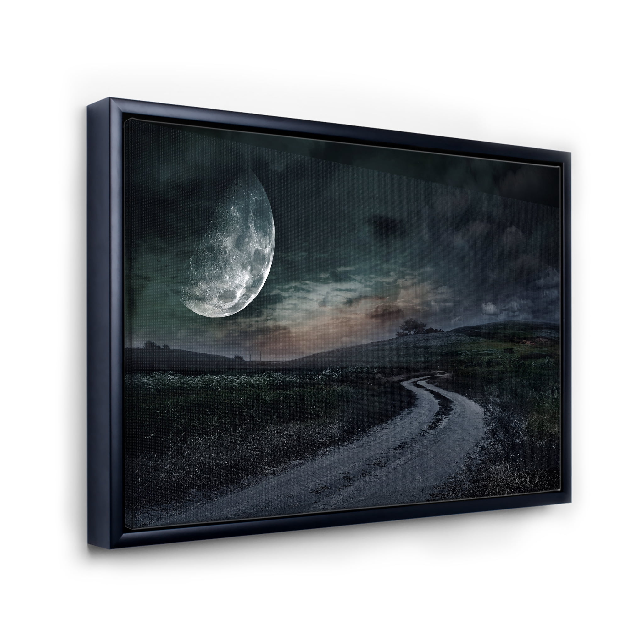 Designart 'The Meadow Under Full Moon With Rural Road Through ' Nautical & Coastal Framed Canvas Wall Art Print
