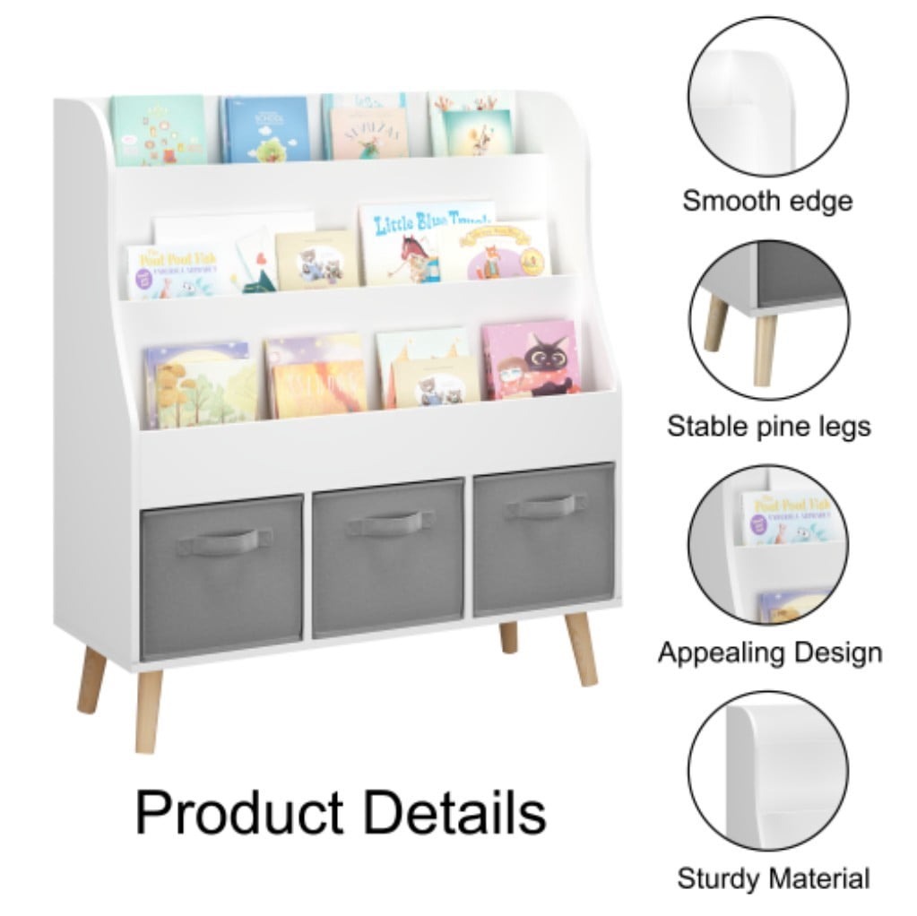 Kids Bookshelf with 3 Fabric Storage Bins, 3-Tier Front-Facing Book Display Organizer with Pine Legs, Wooden Book Rack for Toddlers, Nursery, Playroom & Bedroom, White