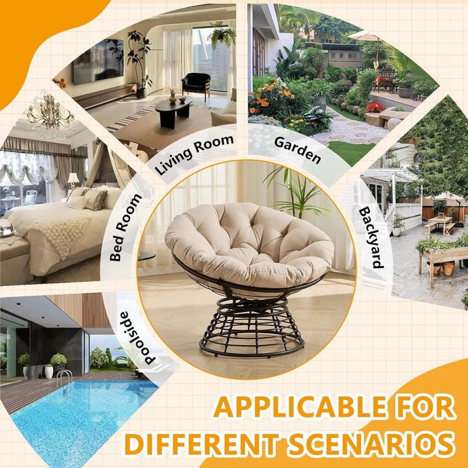 Ergonomic Wicker Papasan Chair, 360° Swivel Chair with Soft Thick Cushion for Living Room, Bedroom, Reading Room