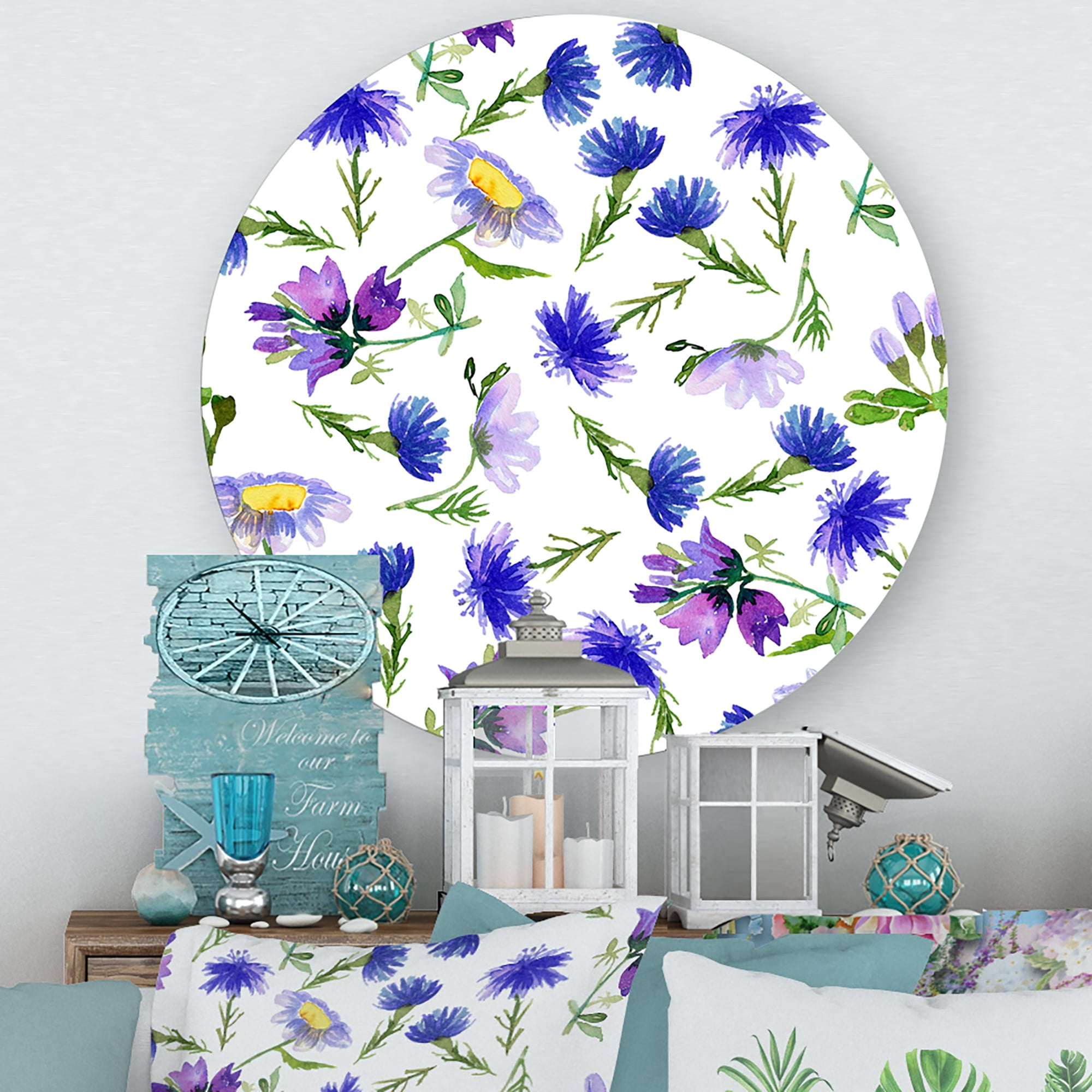 Designart 'Blue Wildflowers With Leaves III' Traditional Circle Metal Wall Art 23x23 - Disc of 23