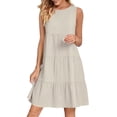 thumbnail image 4 of aohooy Linen Mini Dress for Women Casual Crew Neck Sleeveless Mini Dresses Loose Summer Cotton Flowy Pleated Tiered Beach Sundress Beige,L, 4 of 8