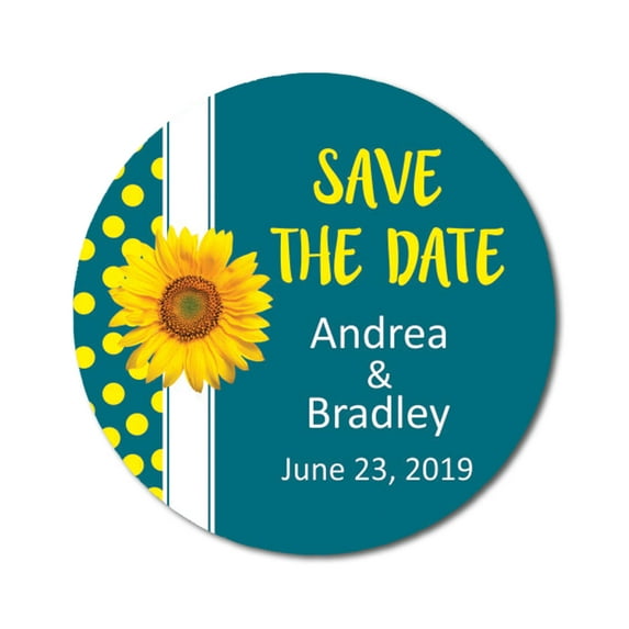 Darling Souvenir Round 45 Pcs Sunflower Save The Date Stickers Wedding Personalized Bride Groom Names And Date Envelope Seals - Teal Blue