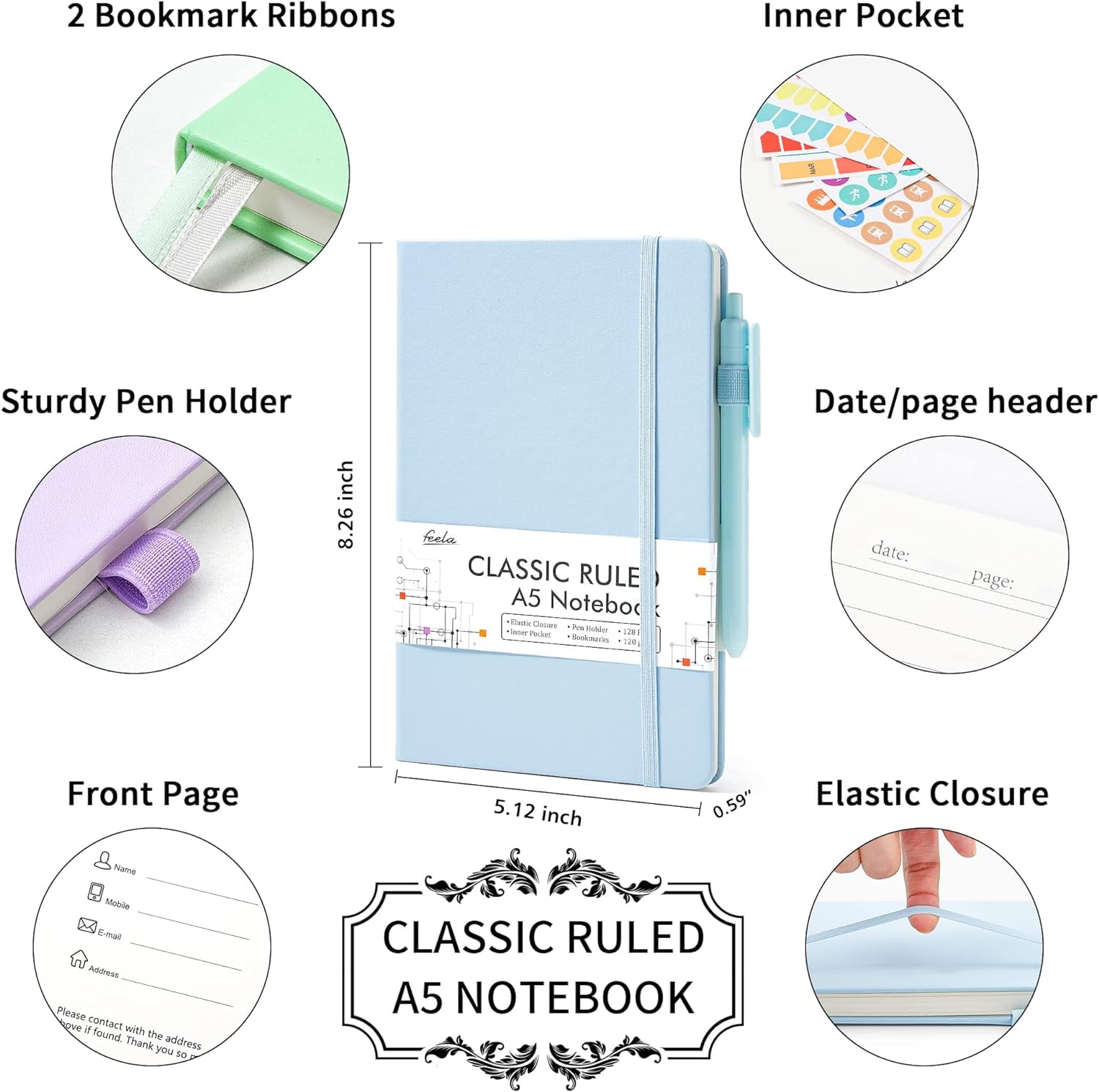 Feela 5 Pack Notebooks Journals Bulk, Hardcover Classic Ruled Lined Journals with Pen Holder for Business, with 5 Black Pens, 120 GSM, 5.1”x8.3”, A5, Pastel Colors