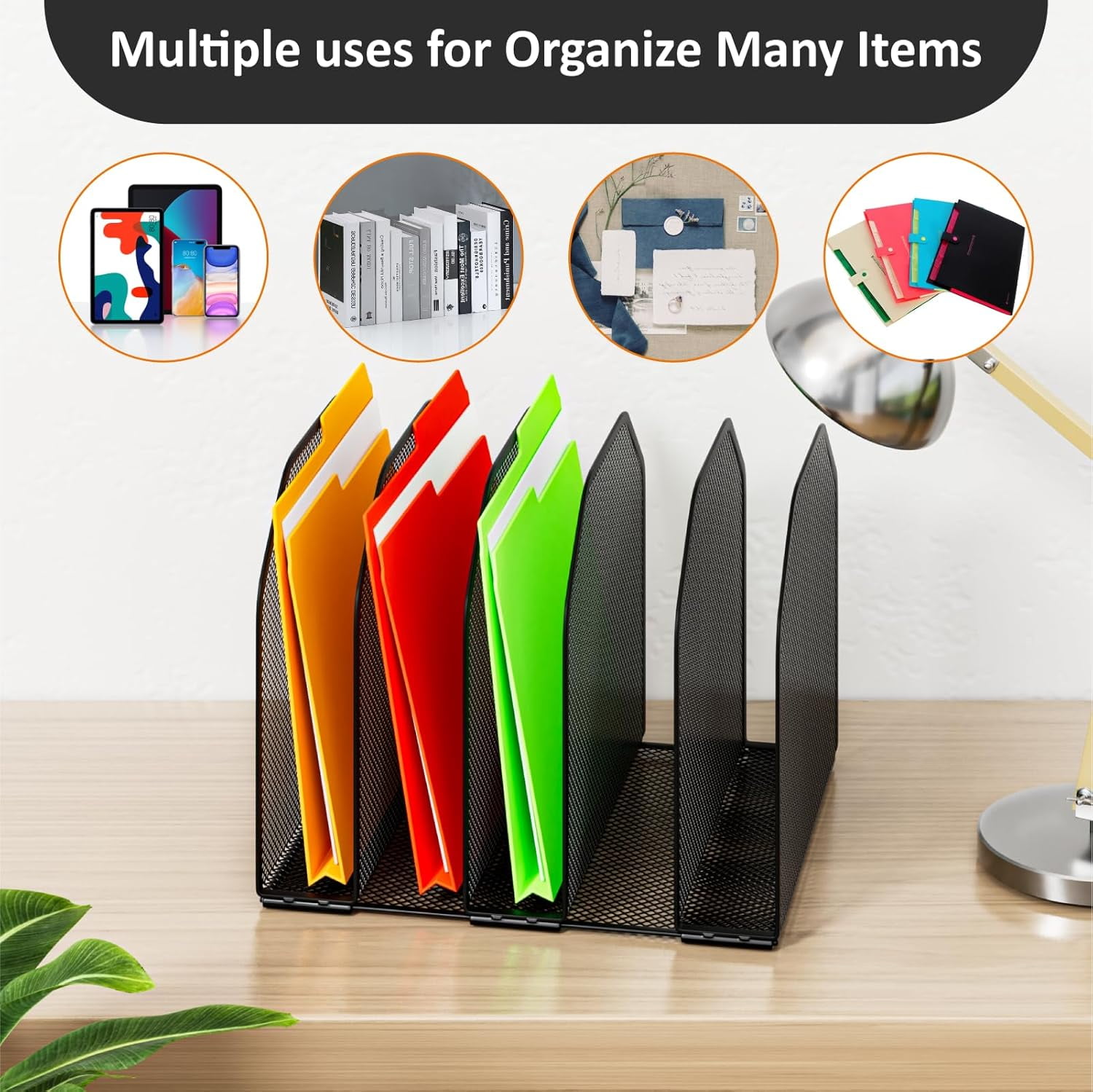 Desk File Organizer Adjustable 5 Sections Upright Desktop Organizer Sorter Sturdy Metal Mesh Vertical Bookshelf Holder Workspace Accessories for Home School Office Classroom Black