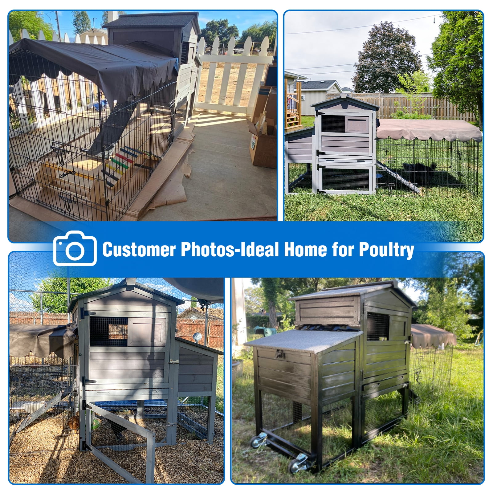 Suumerpety Chicken Coop with Wheels & Metal Run for 4-6 Chickens, Chicken House with Leak-Proof Tray, UV-Resistant Roof & Nesting Box for Outdoor Backyard, Gray