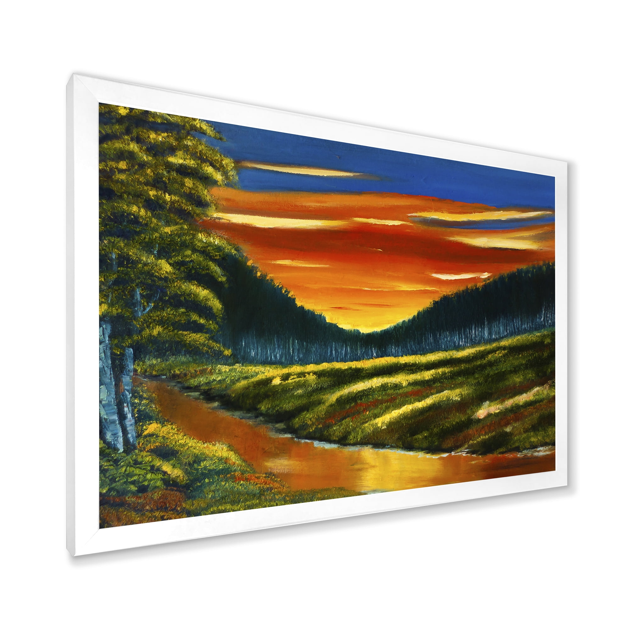 Designart 'Warm Coloured Sunset Glow Above The Lotus Swamp' Traditional Framed Art Print