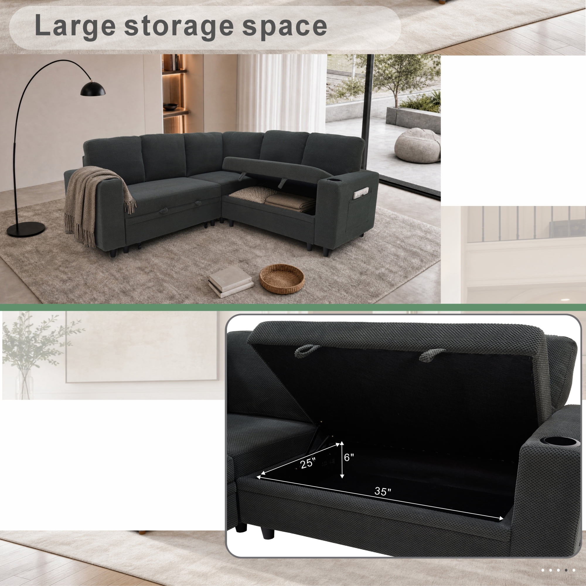 Leumius 76.5" Sectional Sleeper Sofa with Pull Out Bed,Storage Seat & Cup Holders,L-Shape Modern Upholstered Sofa Couch Convertible Corner Couch for Living Room,