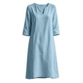 thumbnail image 4 of Tqcoqu Linen Dresses for Women,V Neck 3/4 Sleeve Tunic Boho Knee Length Dress, Casual Summer Shift Modest Beach Vacation Dresses,Light Blue Women's S-XXL, 4 of 8