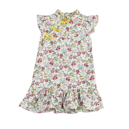 

Little Girl Dress Kids Toddler Baby Girls Ruffled Sleeve Floral Print Patchwork Chi-pao Princess Outfits