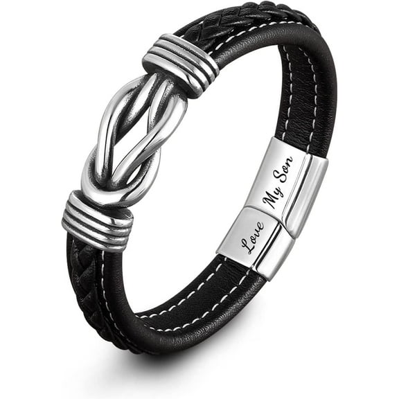 Mother and Son Together Forever Braided Leather Bracelet, Men's Stainless Steel Braided Leather Bracelet Bracelet Wristlet, Inspirational Birthday Gift from Mom to Son