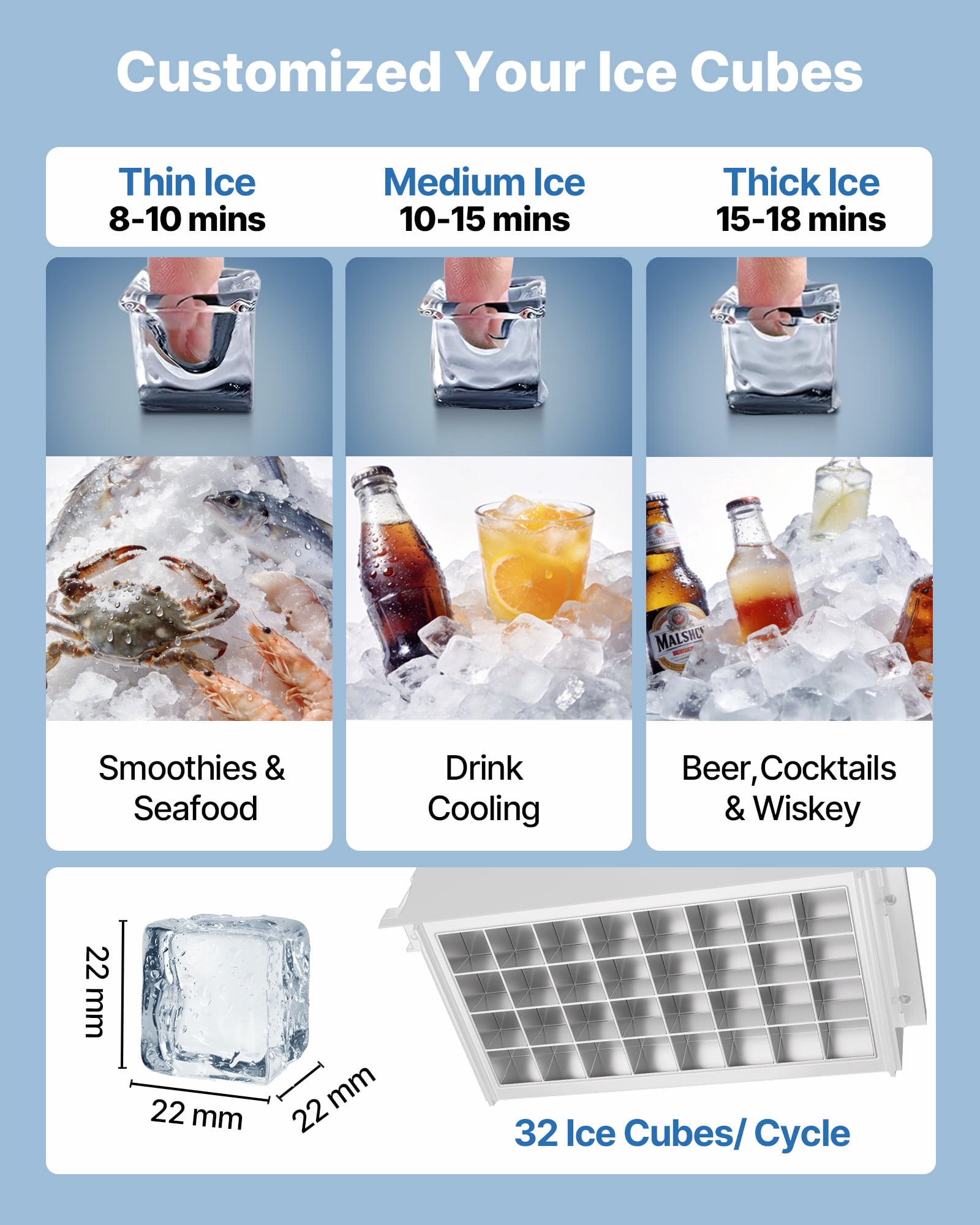 VEVOR Commercial Ice Maker Machine, 90 lbs/24h with 13 lbs Storage Capacity, Countertop/Freestanding/Under Counter, Stainless Steel Ice Maker with LED Display & Self-Cleaning, for Home Bar Restaurant