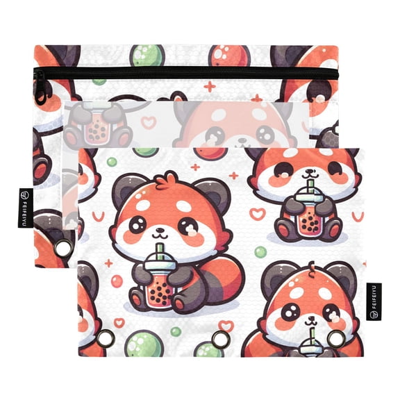 Cute Racoon with Bubble Tea Cartoon 2 Pack Pencil Pouch for 3 Ring Binder Smooth Zipper Folders with Pockets Clear Window Pencil Case