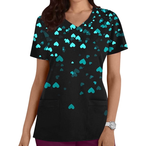 Scrub Top for Women V Neck Short Sleeve Soft Breathable Dual Pockets Medical Nursing Uniform Working Top Hearts Printed Healthcare Professional Apparel