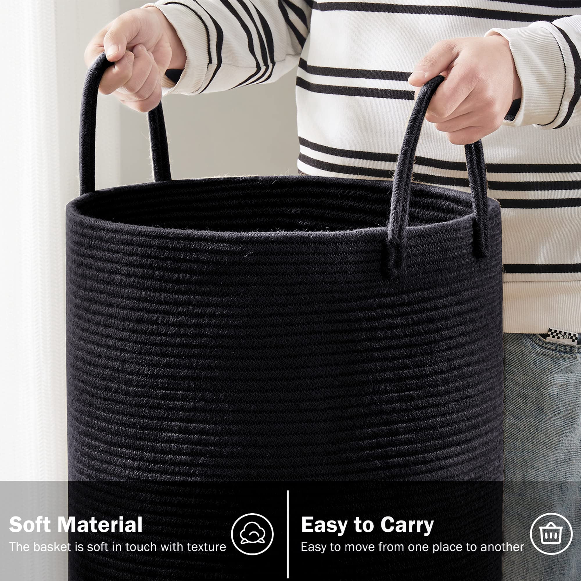 Jute Rope Laundry Hamper Basket , 58L Tall Laundry Basket, Baby Nursery Hamper for Blanket Storage for Bedroom-Large-Jute