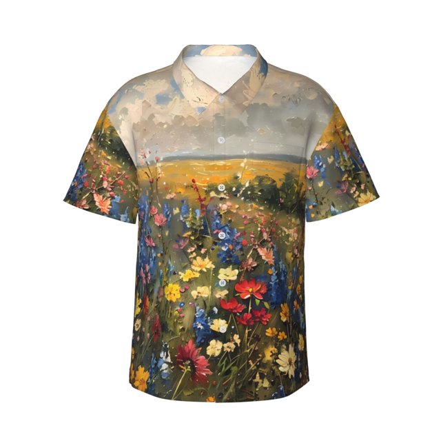 Balery Vibrant Wildflower Meadow Camisas hawaianas de manga corta para hombre, camisas playeras de corte holgado, camisas de vacaciones con botones,Large