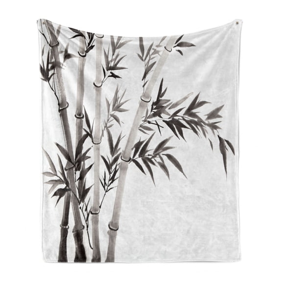 Bamboo Print Soft Flannel Fleece Blanket, Traditional Bamboo Leaves Meaning Wisdom Growth Renewal Unleash Your Power Art, Cozy Plush for Indoor and Outdoor Use, 50" x 70", Grey White, by Ambesonne