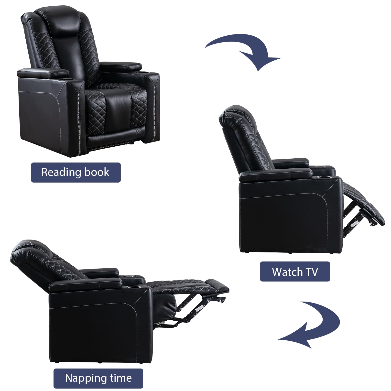 Ebello 35" Wide Adult Man Cave Breathable Leather Argyle Home Theater Individual Seat Recliner Chair with Armrest Storage and LED, Black