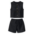 thumbnail image 2 of Bosfbaoi Two Piece Sets for Women Crew Neck Sleeveless Button Down Crop Top and Drawstring Elastic Waist Shorts Casual Linen Look Womens Summer Outfits, 2 of 8