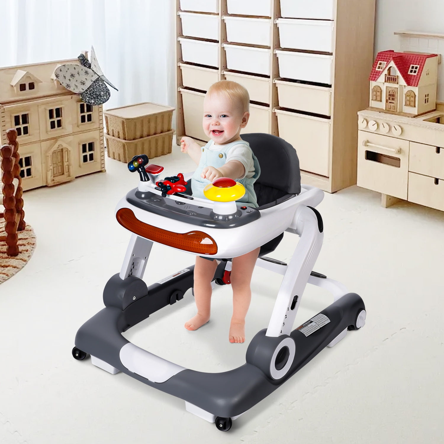 LINLUX Baby Walker w/ Music & Lights, Toddler Activity Walker w/ Seat, Gray